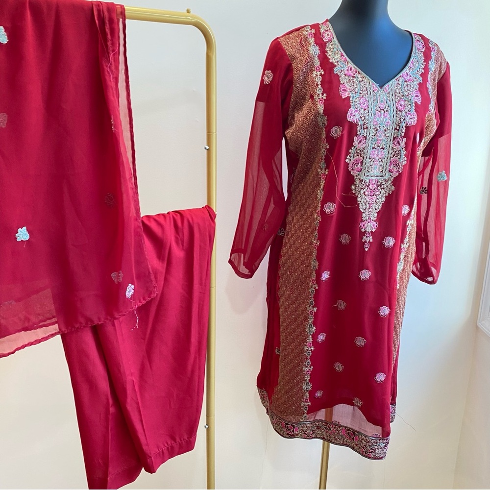 Elegant Red Embroidered Women's Shalwar kameez